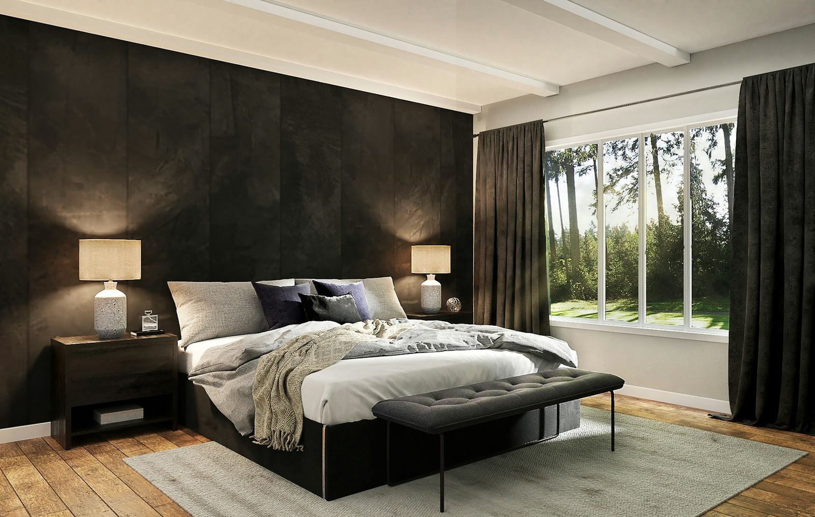 Bedroom with a dark textured wallpaper feature wall